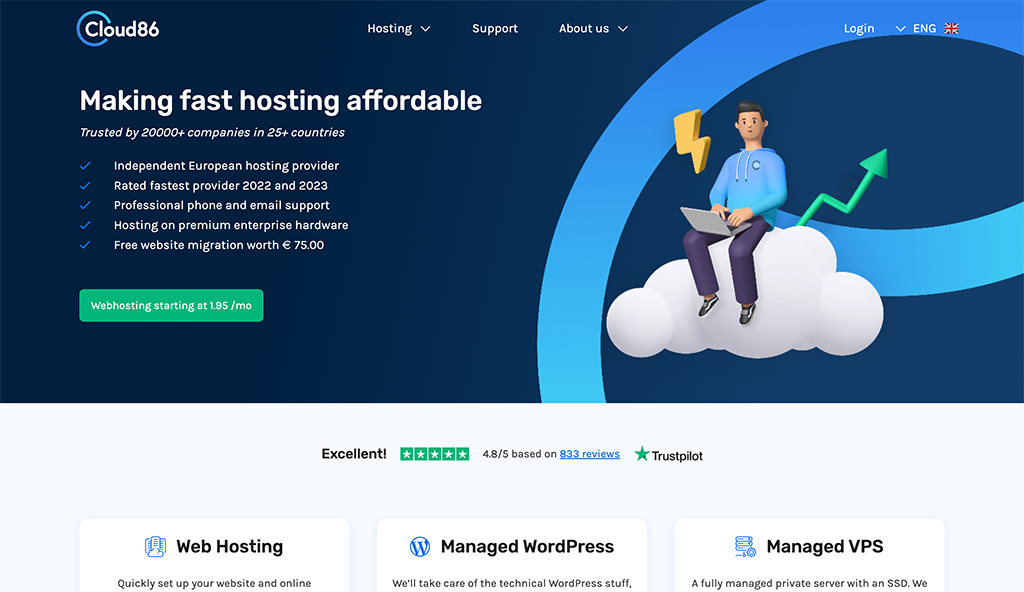 cloud86 homepage - best wordpress hosting europe