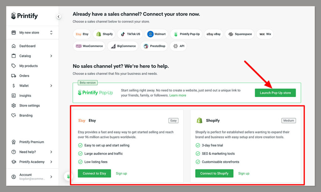 printify popup store dashboard